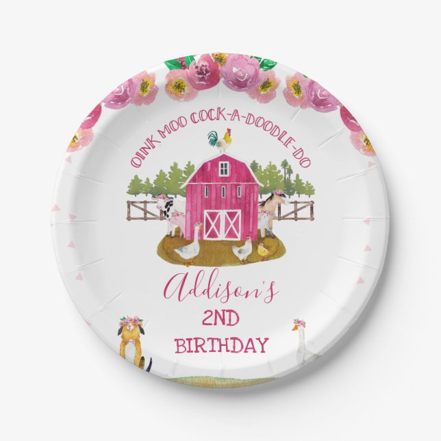 Hot Pink Barn Farm Farmyard Animals Birthday Paper Plates (Front)