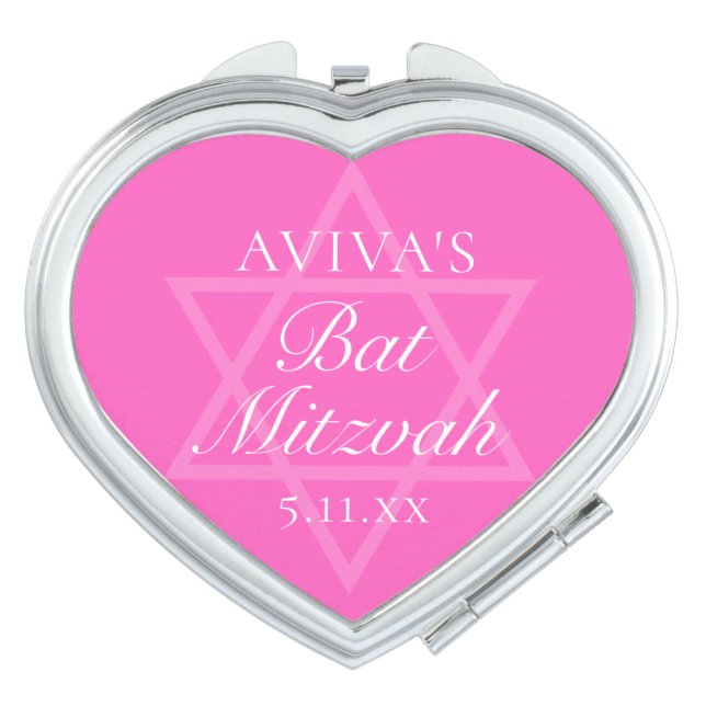 Hot Pink Bat Mitzvah Party Heart Shaped Compact Mirror (Front)