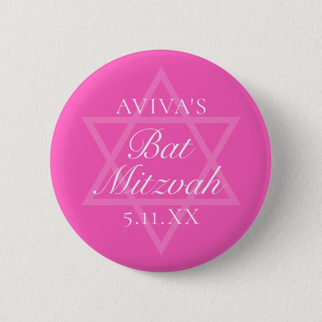 Hot Pink Bat Mitzvah Party Star of David Button (Front)