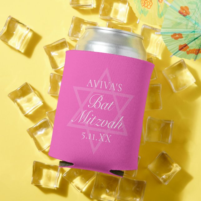 Hot Pink Bat Mitzvah Party Star of David Can Cooler (In Situ Summer)