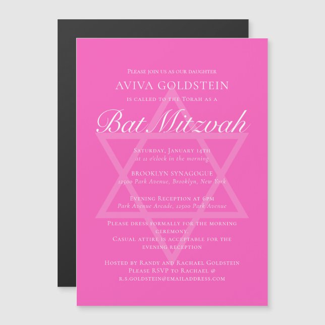 Hot Pink Bat Mitzvah Party Star of David Magnetic Invitation (Front/Back)
