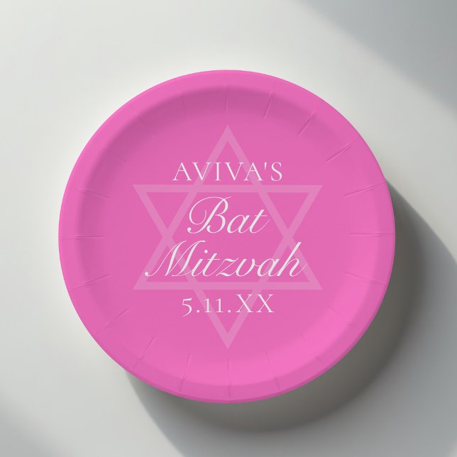Hot Pink Bat Mitzvah Party Star of David Paper Plates (Creator Uploaded)