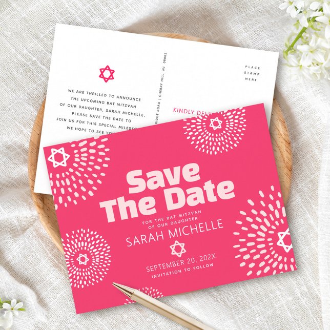 Hot Pink Bat Mitzvah Save the Date Starburst Bold Invitation Postcard (Creator Uploaded)