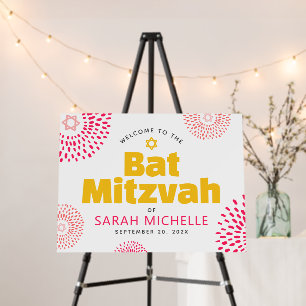 Hot Pink Bat Mitzvah Starburst Yellow Type Welcome Foam Board