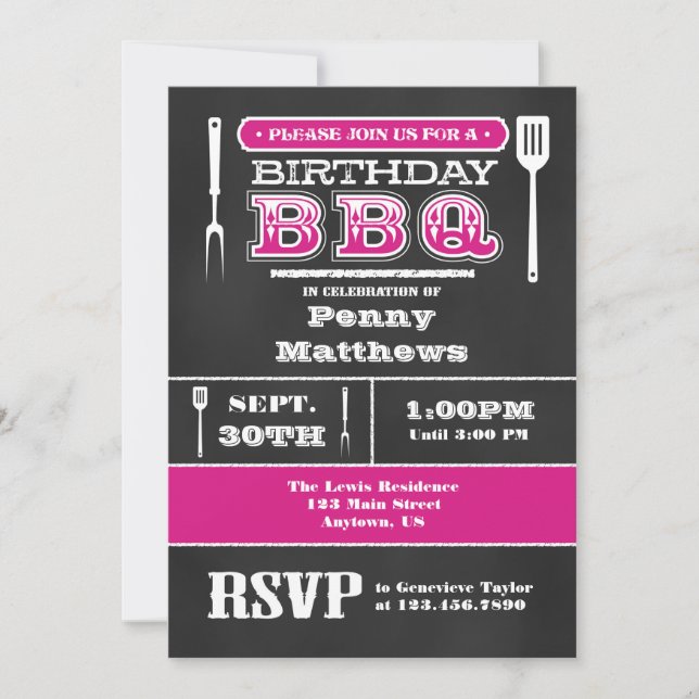 Hot Pink BBQ Birthday Chalkboard Invitation (Front)