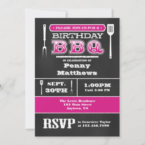Hot Pink BBQ Birthday Chalkboard Invitation