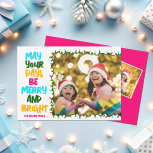 Hot Pink Be Merry Bright Christmas Lights Photo Holiday Card