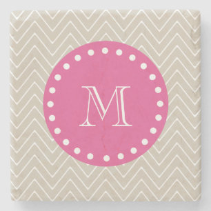 Hot Pink, Beige Chevron Your Monogram Stone Coaster