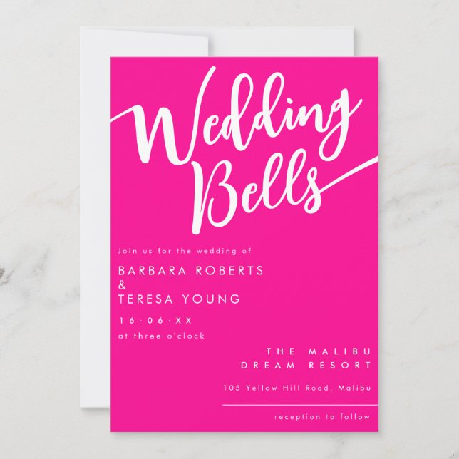 Hot Pink Bells Cute Calligraphy Wedding Invitation (Front)