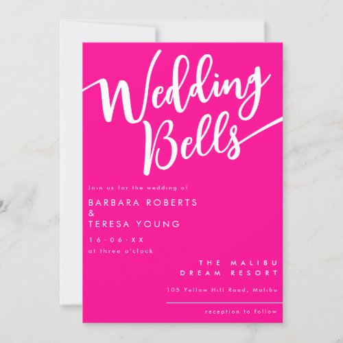 Hot Pink Bells Cute Calligraphy Wedding Invitation
