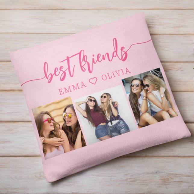 Hot Pink Best Friends 3 Photo Collage Keepsake Throw Pillow (Creator Uploaded)