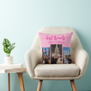 Hot Pink Best Friends 3-Photo Collage Keepsake Throw Pillow