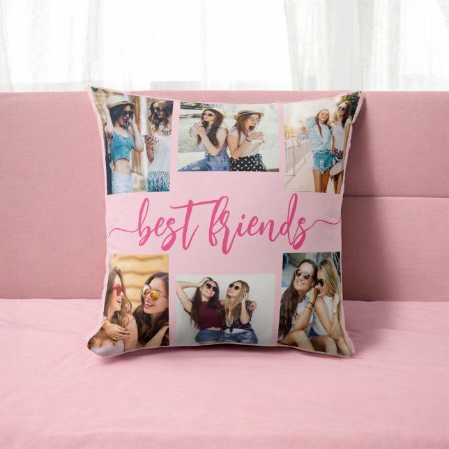 Hot Pink Best Friends 6 Photo Collage Keepsake Throw Pillow (Creator Uploaded)