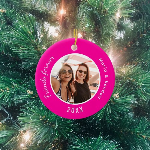 Hot pink best friends photo names ceramic ornament