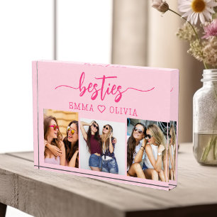 Hot Pink Besties Friends 3 Photo Collage Keepsake Block