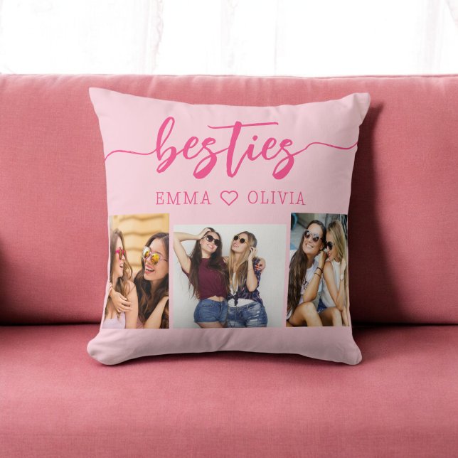 Hot Pink Besties Friends 3 Photo Collage  Throw Pillow (Creator Uploaded)
