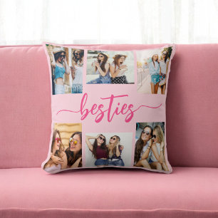 Hot Pink Besties Friends 6 Photo Collage Keepsake Throw Pillow