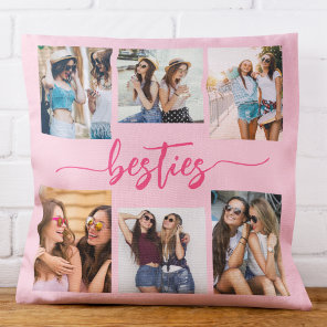 Hot Pink Besties Friends 6 Photo Collage Keepsake Throw Pillow