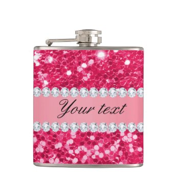 Hot Pink Big Faux Glitter With Diamonds Hip Flask by glamgoodies at Zazzle