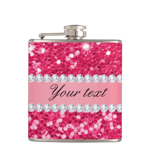 Hot Pink Big Faux Glitter with Diamonds Hip Flask