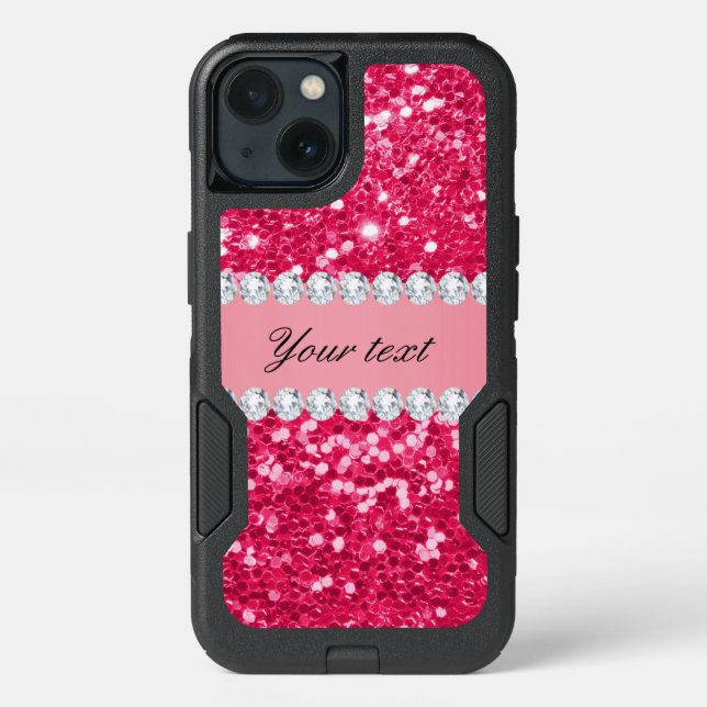 Hot Pink Big Faux Glitter with Diamonds Otterbox iPhone Case (Back)