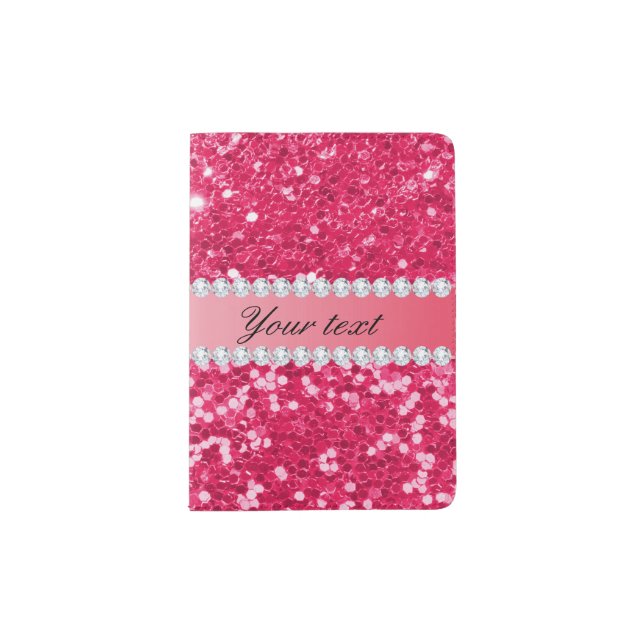 Hot Pink Big Faux Glitter with Diamonds Passport Holder (Front)
