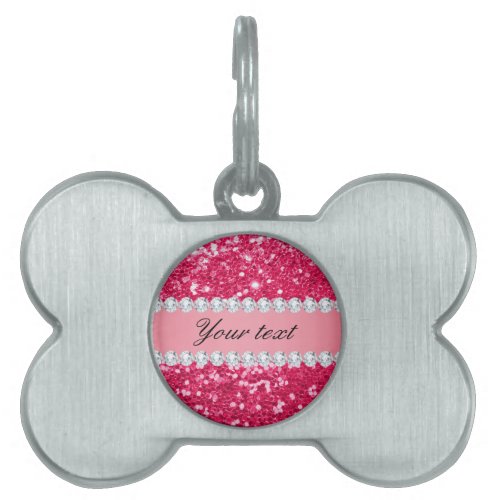 Hot Pink Big Faux Glitter with Diamonds Pet Name Tag