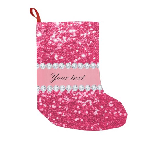 Hot Pink Big Faux Glitter with Diamonds Small Christmas Stocking