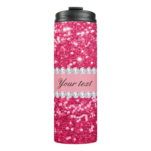 Hot Pink Big Faux Glitter with Diamonds Thermal Tumbler (Front)