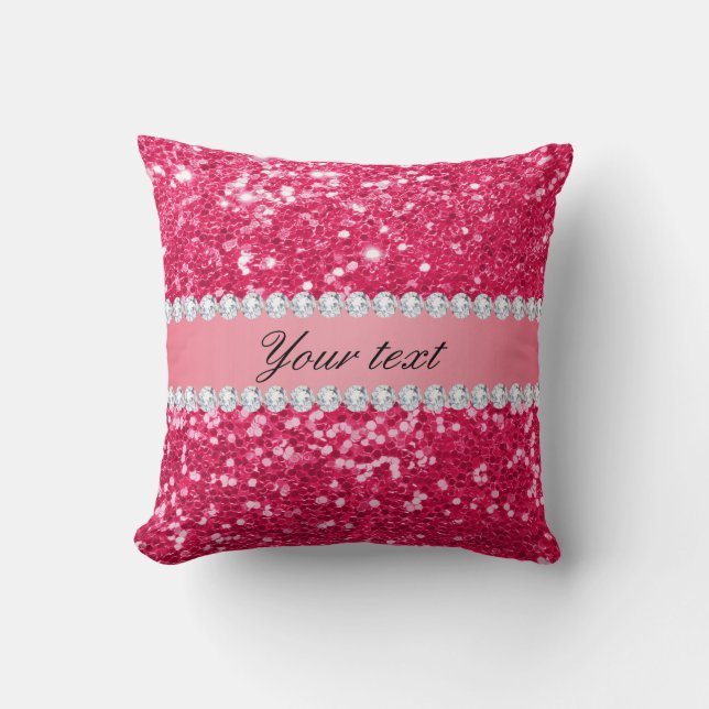 Hot Pink Big Faux Glitter with Diamonds Throw Pillow (Front)