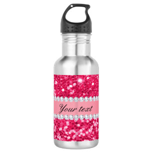 Hot Pink Big Faux Glitter with Diamonds Water Bottle