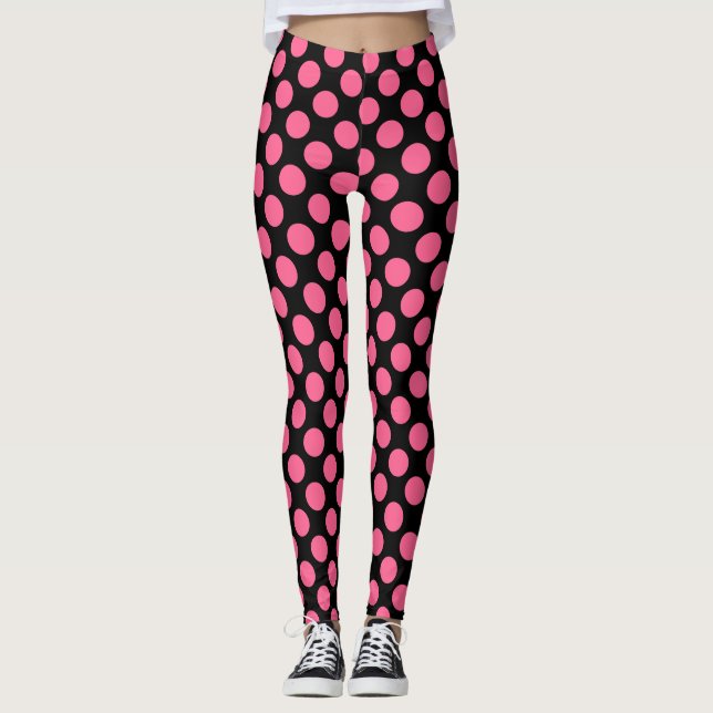 Hot Pink Big Polka Dots Pattern On Black Leggings (Front)