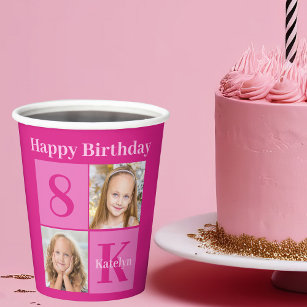 Hot Pink Birthday Girl Cute Custom Photo Party Paper Cups