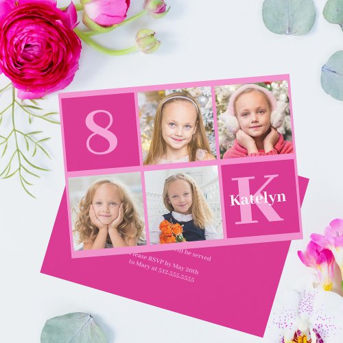 Hot Pink Birthday Girl Photo Collage Chic Party Invitation
