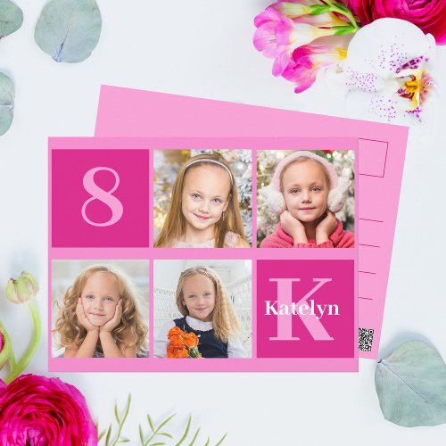 Hot Pink Birthday Girl Photo Collage Chic Postcard