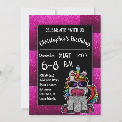 Hot Pink Birthday Party Rainbow Glitter Unicorn Invitation