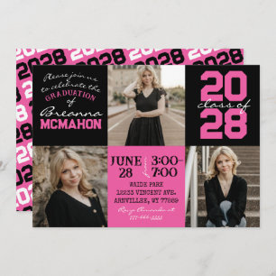 Hot Pink & Black 3 Photo Graduation Invitation