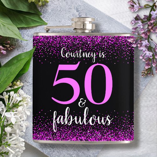 Hot pink black 50 and fabulous custom name modern flask