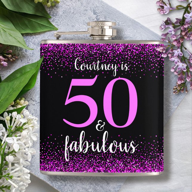 Hot pink black 50 and fabulous custom name modern flask (Creator Uploaded)
