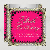 Hot Pink & Black 50th Tribal Lace Birthday Party Invitation (Front/Back)
