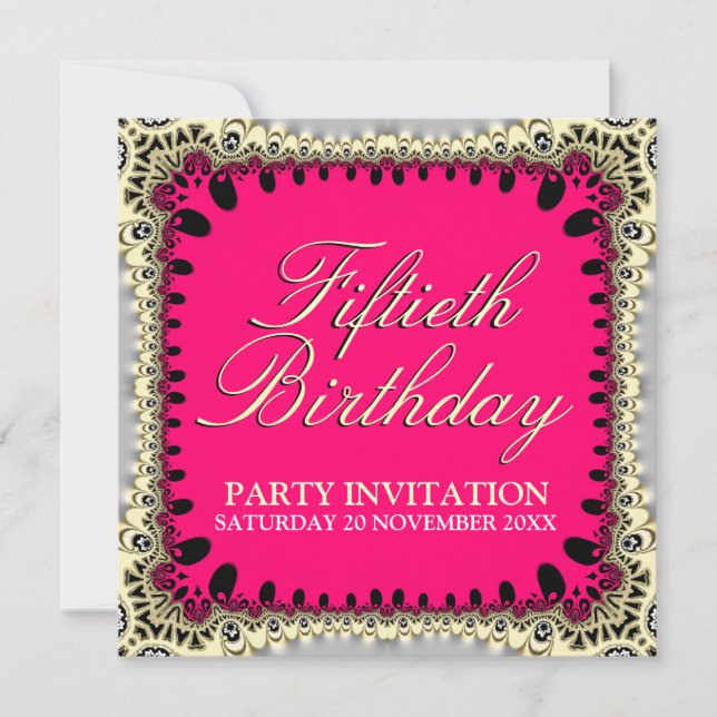 Hot Pink & Black 50th Tribal Lace Birthday Party Invitation (Front)