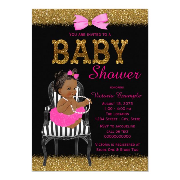 Hot Pink Black And Gold Ethnic Girl Baby Shower Invitation