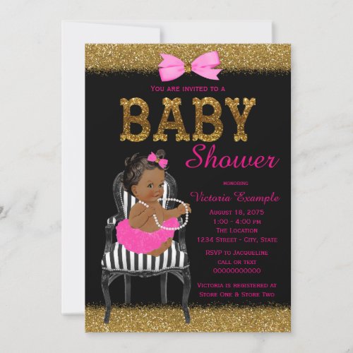 Hot Pink Black and Gold Ethnic Girl Baby Shower Invitation