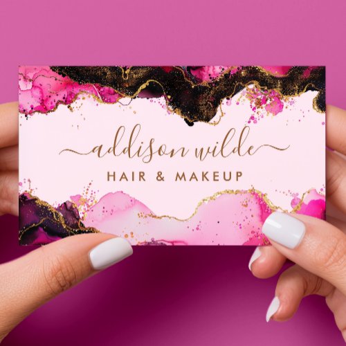 Hot Pink Black And Gold Girly Glitter Agate Business Card