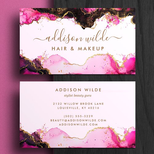 Hot Pink Black And Gold Girly Glitter Agate Business Card