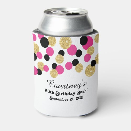 Hot Pink Black and Gold Glitter Confetti  30th Can Cooler