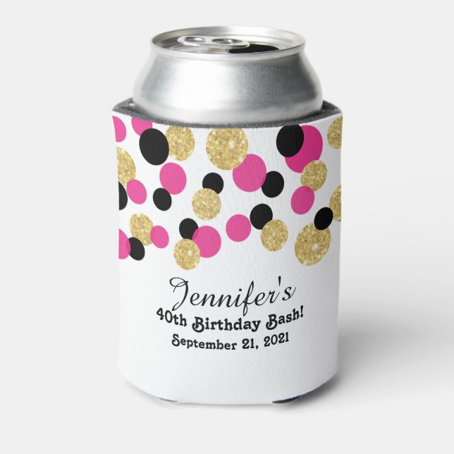 Hot Pink, Black and Gold Glitter Confetti | 40th Can Cooler (Can Back)
