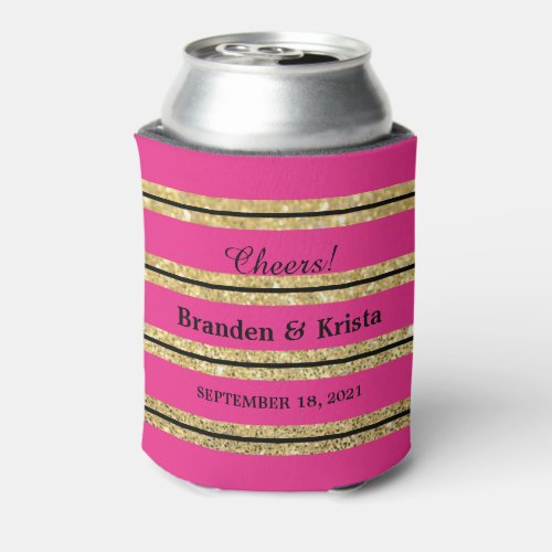 Hot Pink Black and Gold Glitter Stripes  Wedding Can Cooler