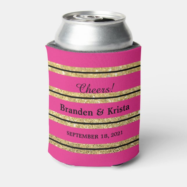 Hot Pink, Black and Gold Glitter Stripes | Wedding Can Cooler (Can Back)