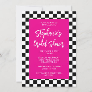 Hot Pink Black and White Checkered Bridal Shower Invitation